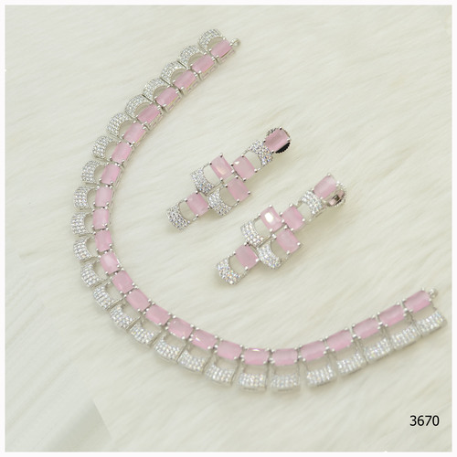 American Diamond Necklace Set With Beautiful Aqua Pink stone Work