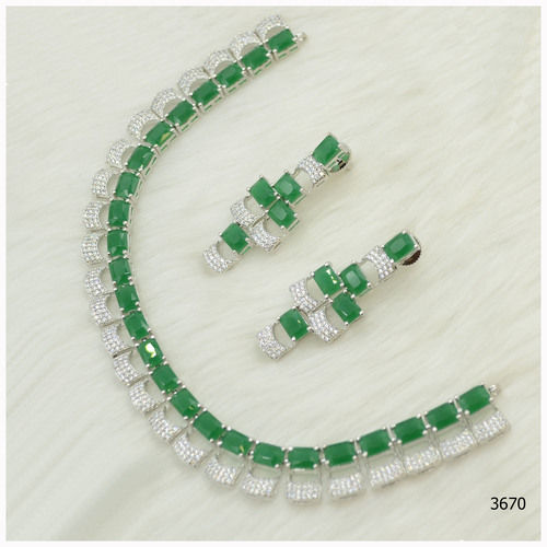 American Diamond Necklace Set With Beautiful Green Colour Stone Work