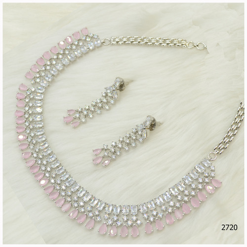 American Diamond Necklace Set With Beautiful Baby Pink Colour Stone Work And Hanging