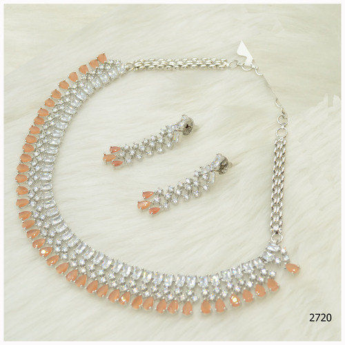 American Diamond Necklace Set With Beautiful Peach Colour Stone Work And Hanging
