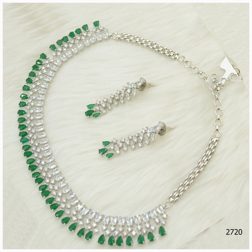 American Diamond Necklace Set With Beautiful Emerald Colour Stone Work And Hanging