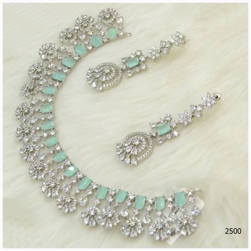 American Diamond Necklace Set With Beautiful Aqua Blue Colour Stone Work