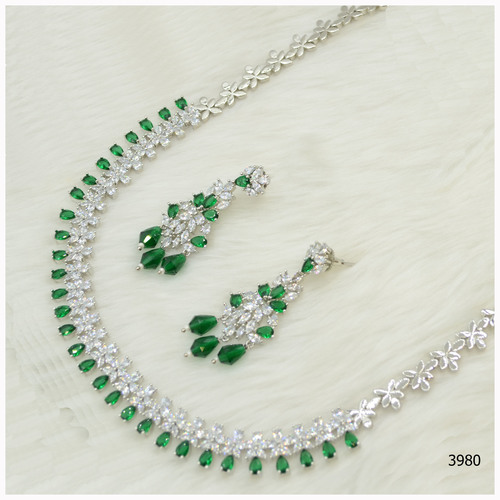 American Diamond Necklace Set With Beautiful Emerald Colour Stone Work And Hanging