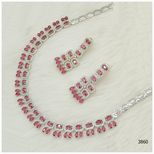 American Diamond Necklace Set With Beautiful Ruby Colour Stone Work And Hanging