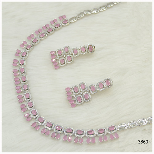 American Diamond Necklace Set With Beautiful Baby Pink Colour Stone Work And Hanging