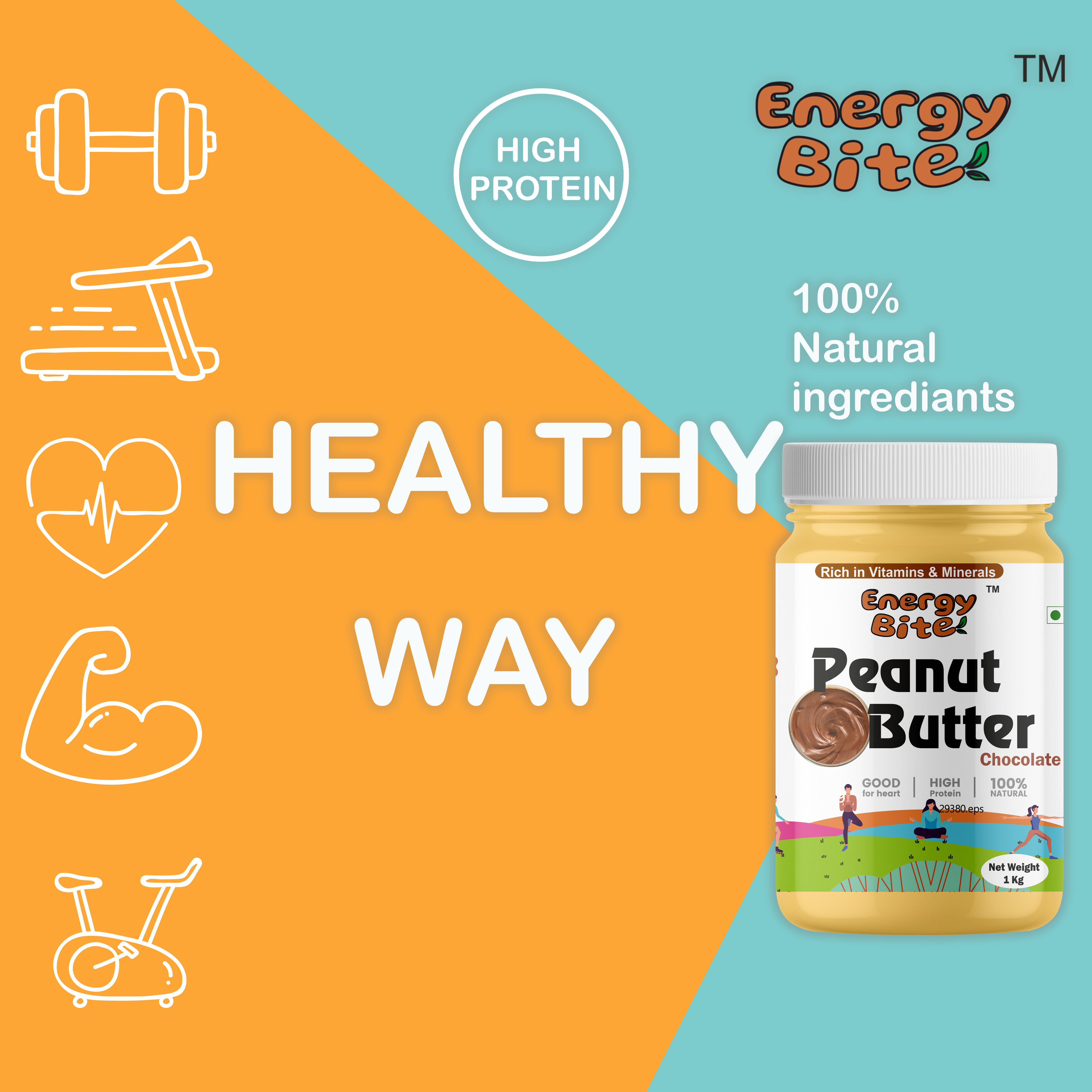 Energy Bite - Natural Unsalted Peanut Butter, 1 Kg | 22.98g Monounsaturated Fat, 24.53g Protein, 9 Months Shelf Life, 9 Pieces Per Jar