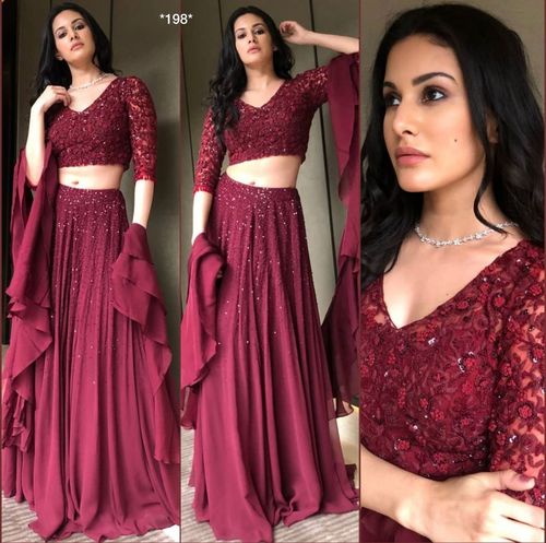 Georget Lehnga Set - 3 Meter Flair, XXL Size with Sequins & Thread Work, Unstitched Blouse & Ruffle Dupatta