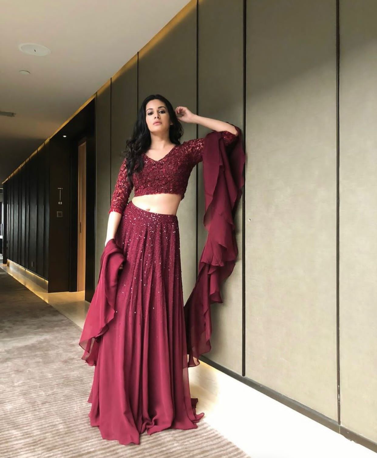 Georget Lehnga Set - 3 Meter Flair, Xxl Size With Sequins & Thread Work, Unstitched Blouse & Ruffle Dupatta