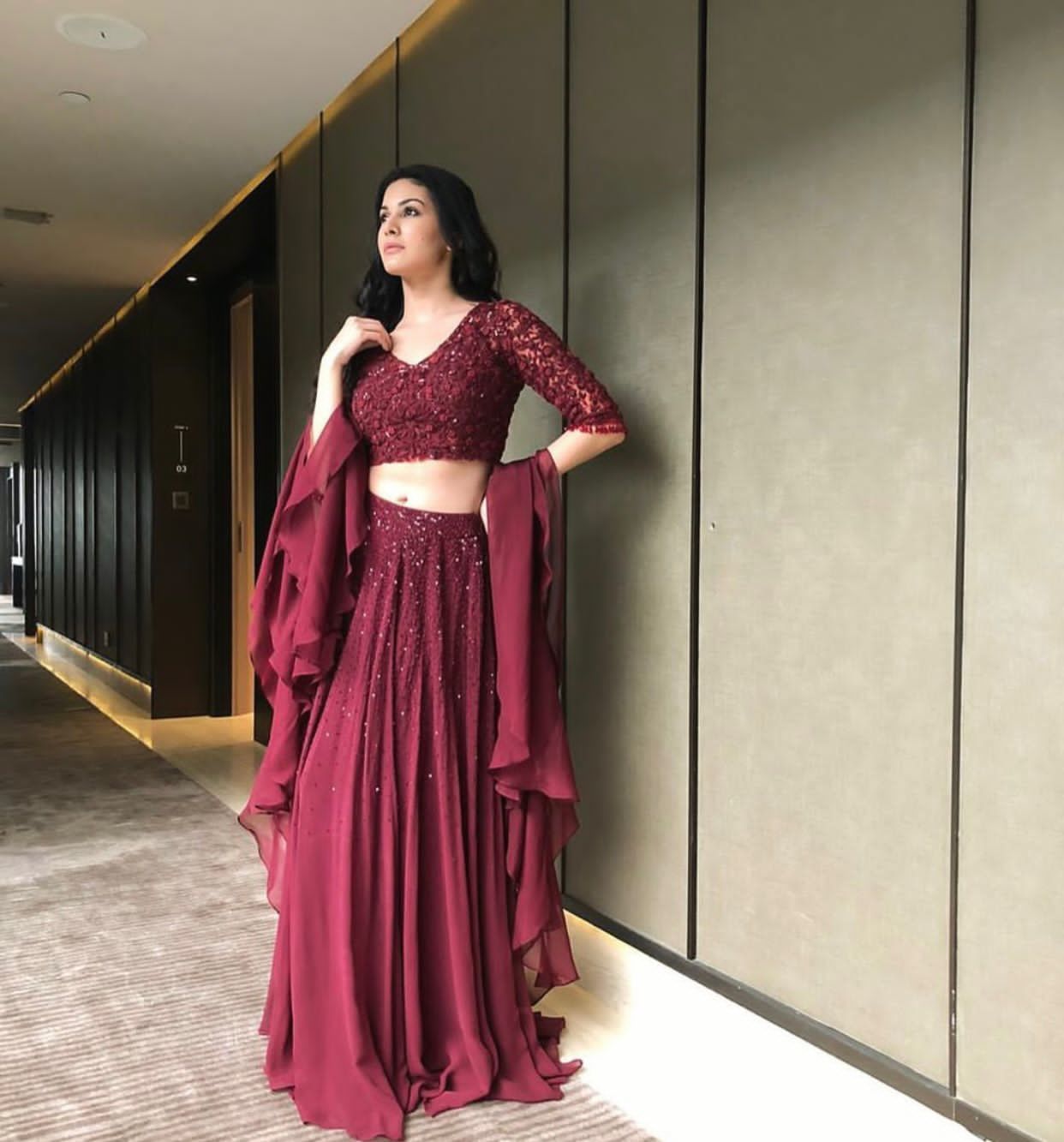 Georget Lehnga Set - 3 Meter Flair, Xxl Size With Sequins & Thread Work, Unstitched Blouse & Ruffle Dupatta