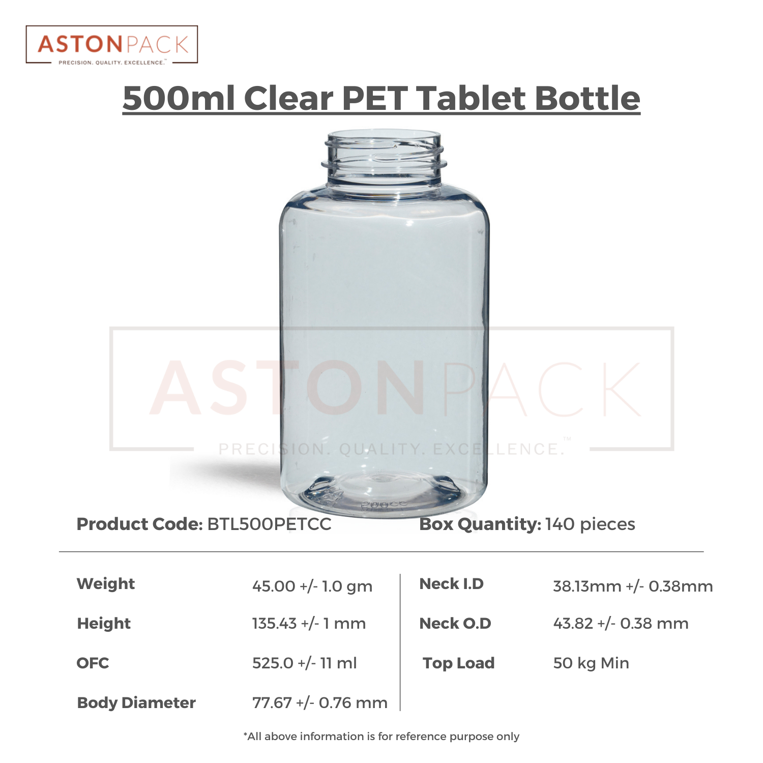 Pet Supplement Bottle - 500ml | Clear, 45-400 Neck Finish, 77.67mm Diameter, Automatic Filling Compatible, Pharma & Food Grade