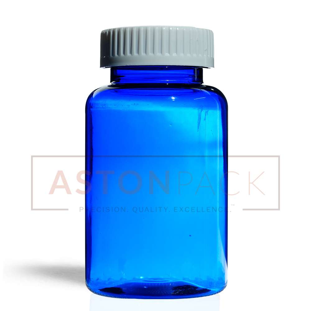 Pet Tablet / Capsule Round Blue Packer Bottle - 250ml , Cobalt Blue, 63.90 Mm Diameter, 111.12 Mm Height, Pharma & Food Grade, 45-400 Neck Finish