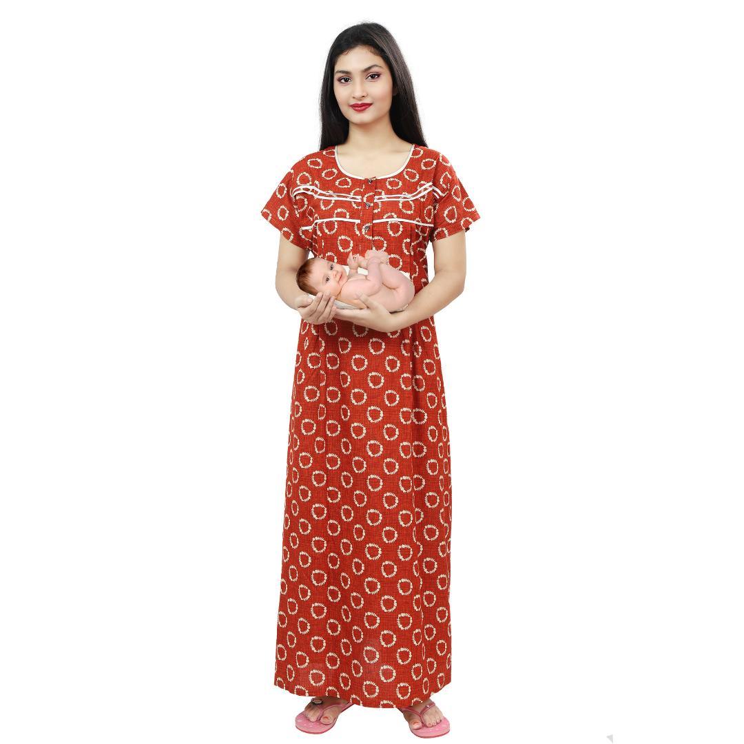Feeding Nighty - Cotton Fabric, Knee-length Red Nightwear With Short Sleeves, Button Closure For Comfortable Breastfeeding Use