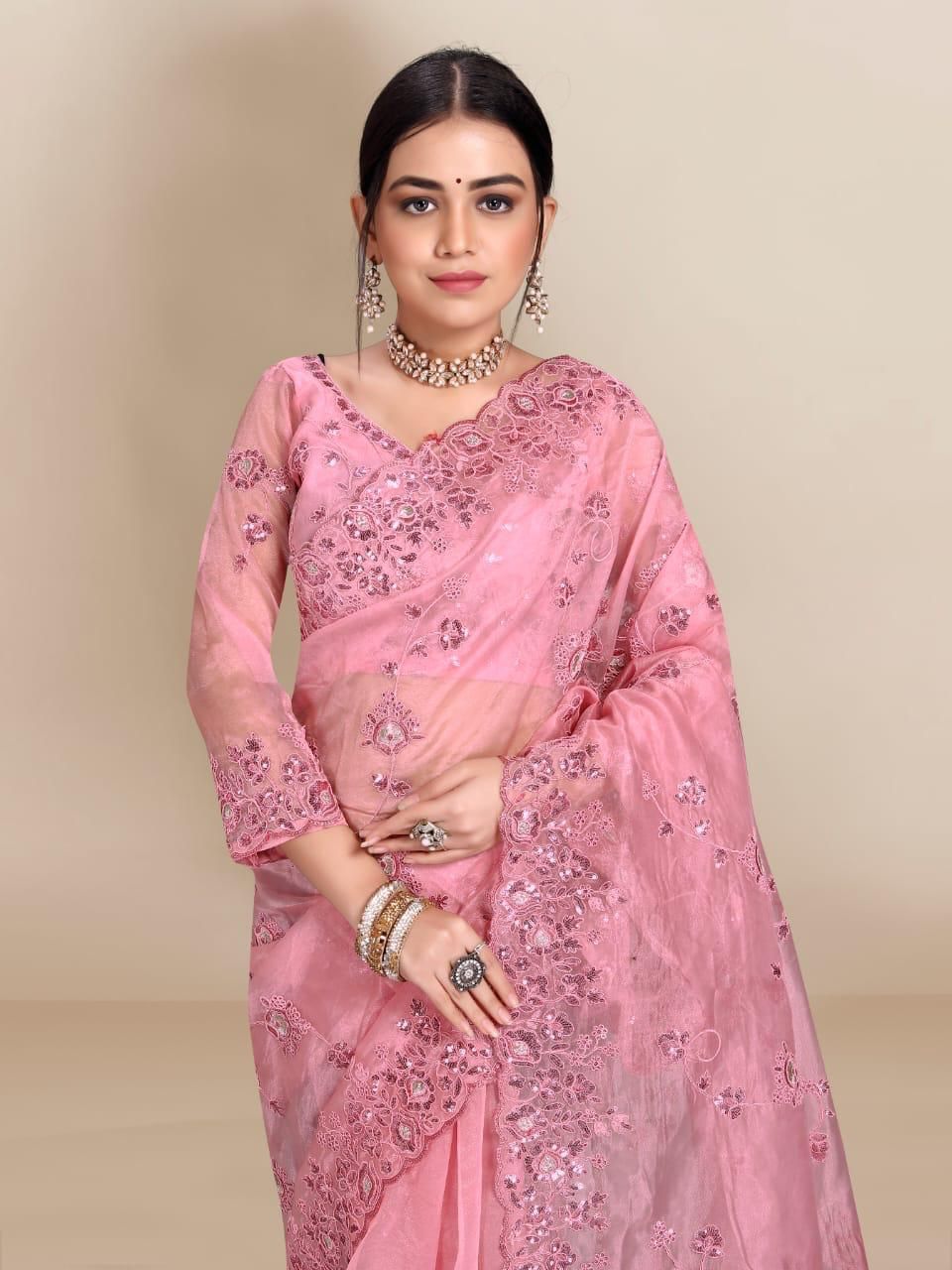 Pink Emroidered Silk Saree