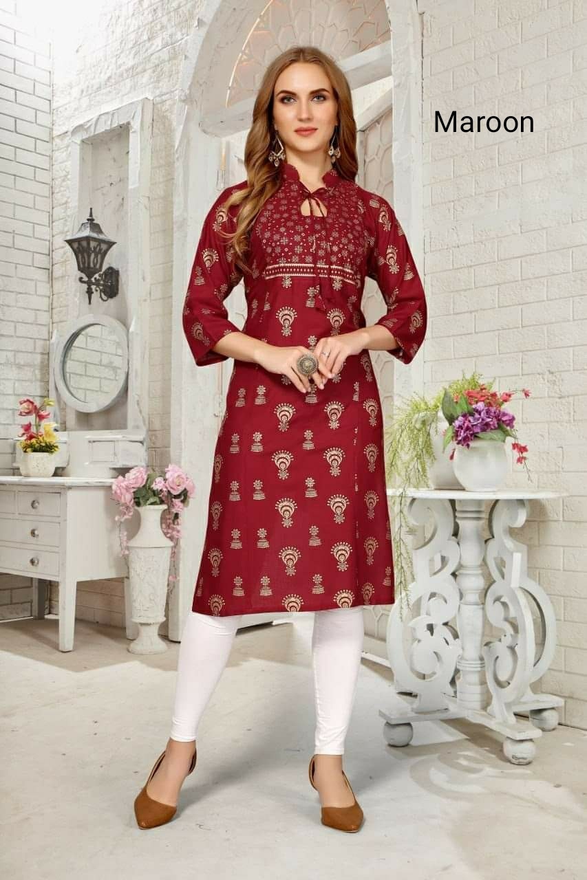 Foil Printed Rayon Kurti Size: Extra Large