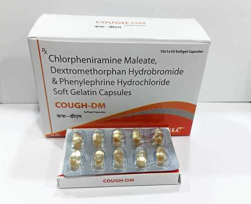 कफ डीएम सॉफ्ट जिलेटिन कैप्सूल सामग्री: डेक्सट्रोमेथॉर्फ़न हाइड्रोब्रोमाइड 10Mg + क्लोरफ़ेनिरामाइन मैलेट 2Mg + फ़िनाइलफ्रिन Hcl 5Mg