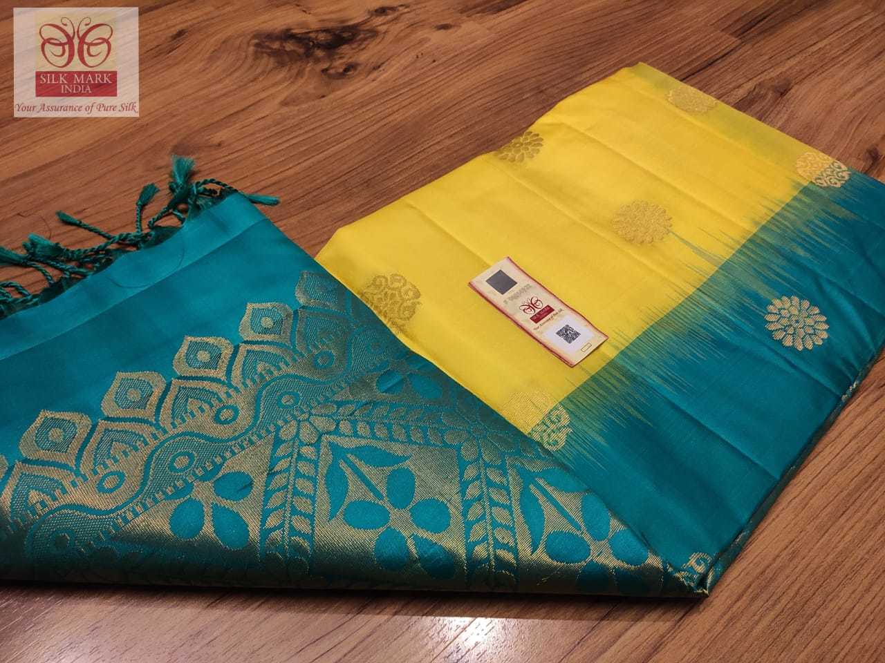 Kanjivaram Pure Silk Saree - Handwoven Double Warp Silk, Yellow With Dual Shade Blue Turning Border | Lightweight, Rich Pallu, Gold Jarie Butta, Silkmark Certified