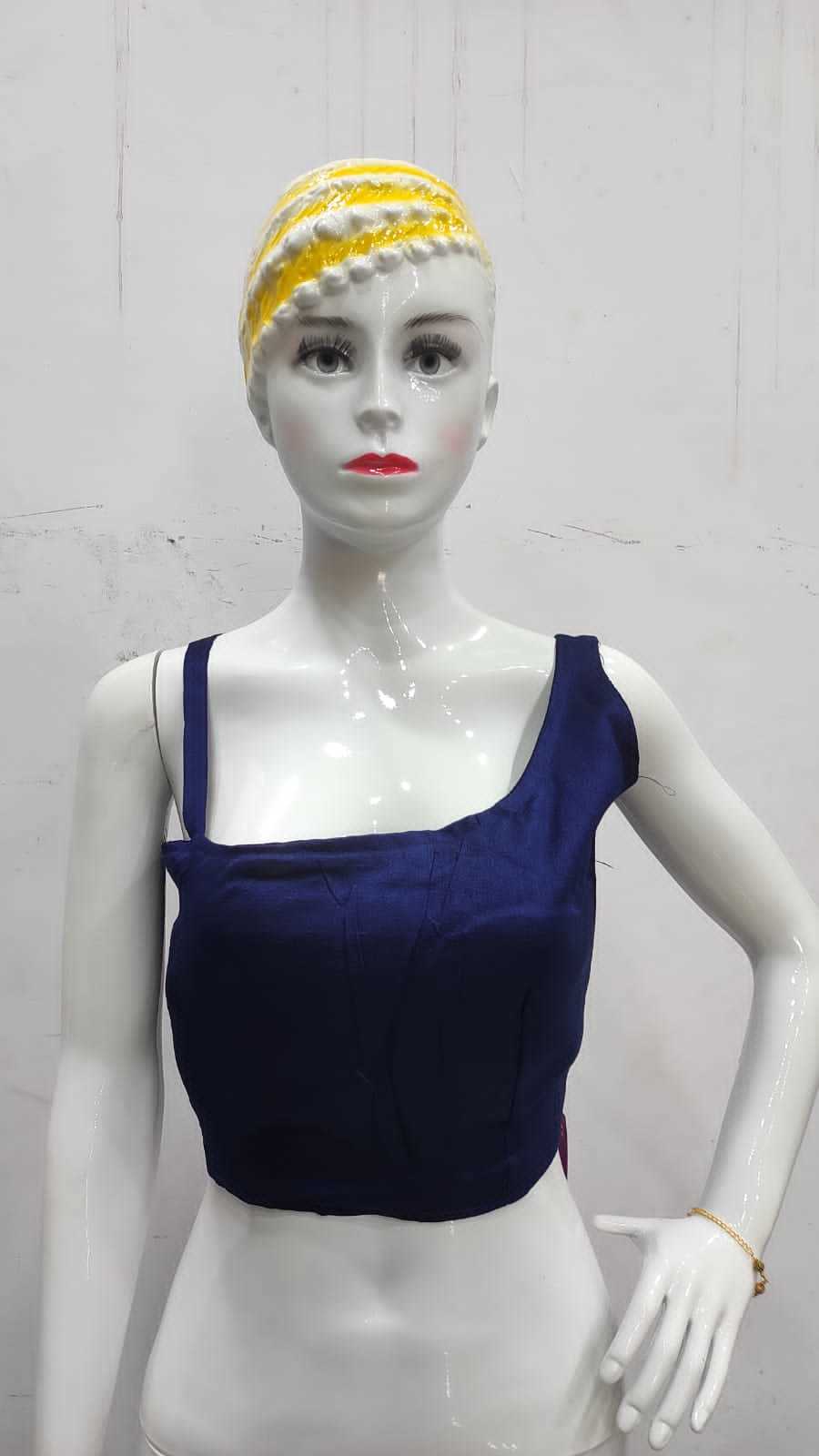 Silk Fabric Padded Blouse - Adult Free Size, Blue Casual Sleeveless Design | Washable, Plain Pattern, All Season Comfort