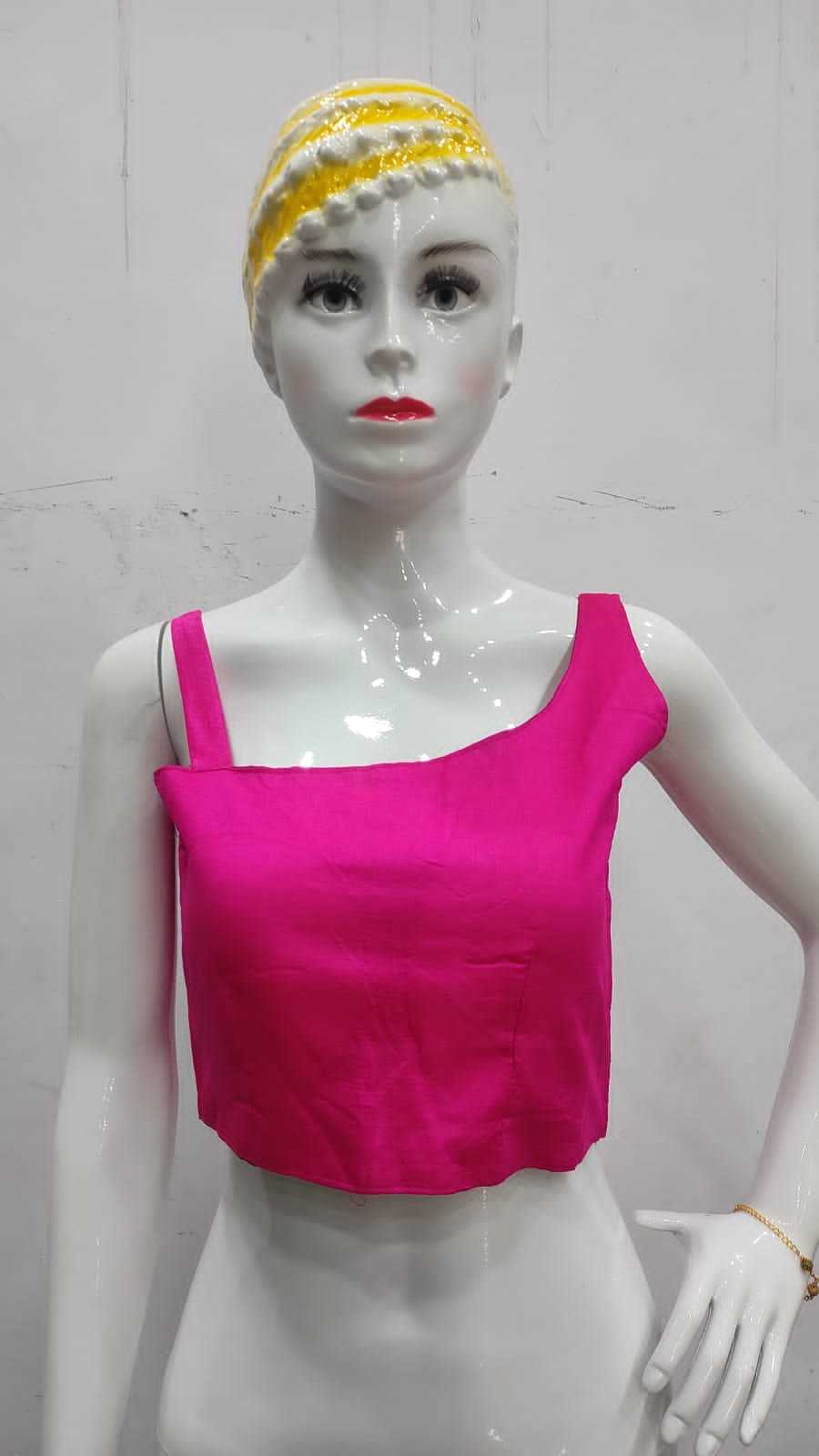 Silk Fabric Padded Blouse - Adult Free Size, Blue Casual Sleeveless Design | Washable, Plain Pattern, All Season Comfort