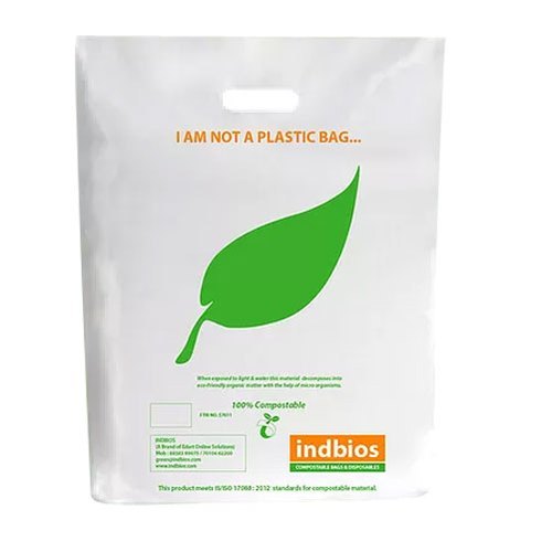 D Cut Compostable Bag - Made From Starch & Pgat, Various Sizes Available, White & Green Color, Hand Length Handles, Ideal For Food, Gifts & Shopping