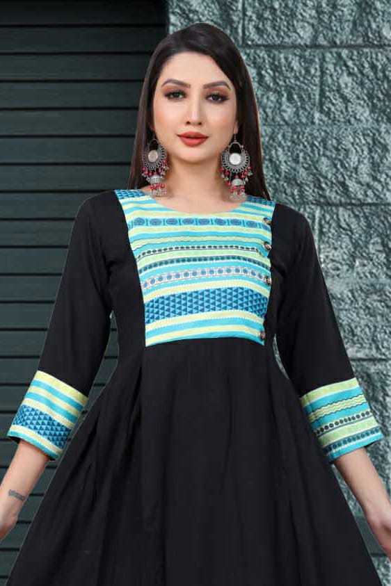 Designer Kurti - Rayon Fabric, Size: L, M, Xl, Xxl | Color: Black, Digital Print Design