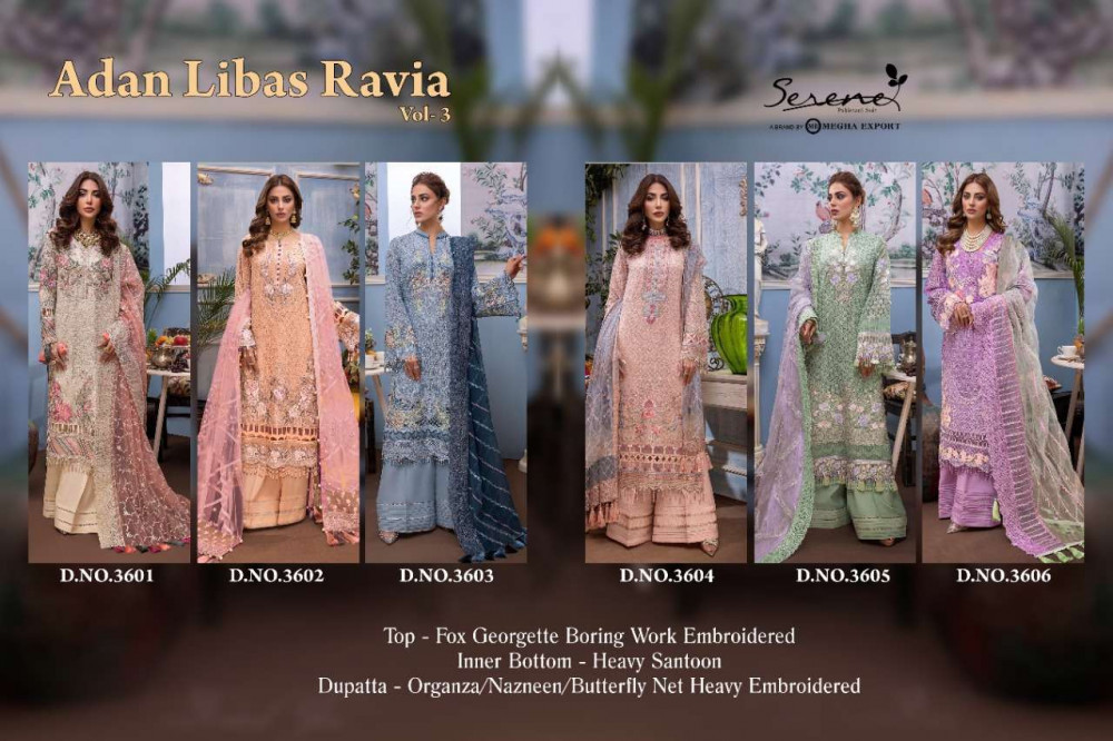 Serene Adan Libas Ravia Vol-3 Fox Georgette Boring Work Pakistani Suits