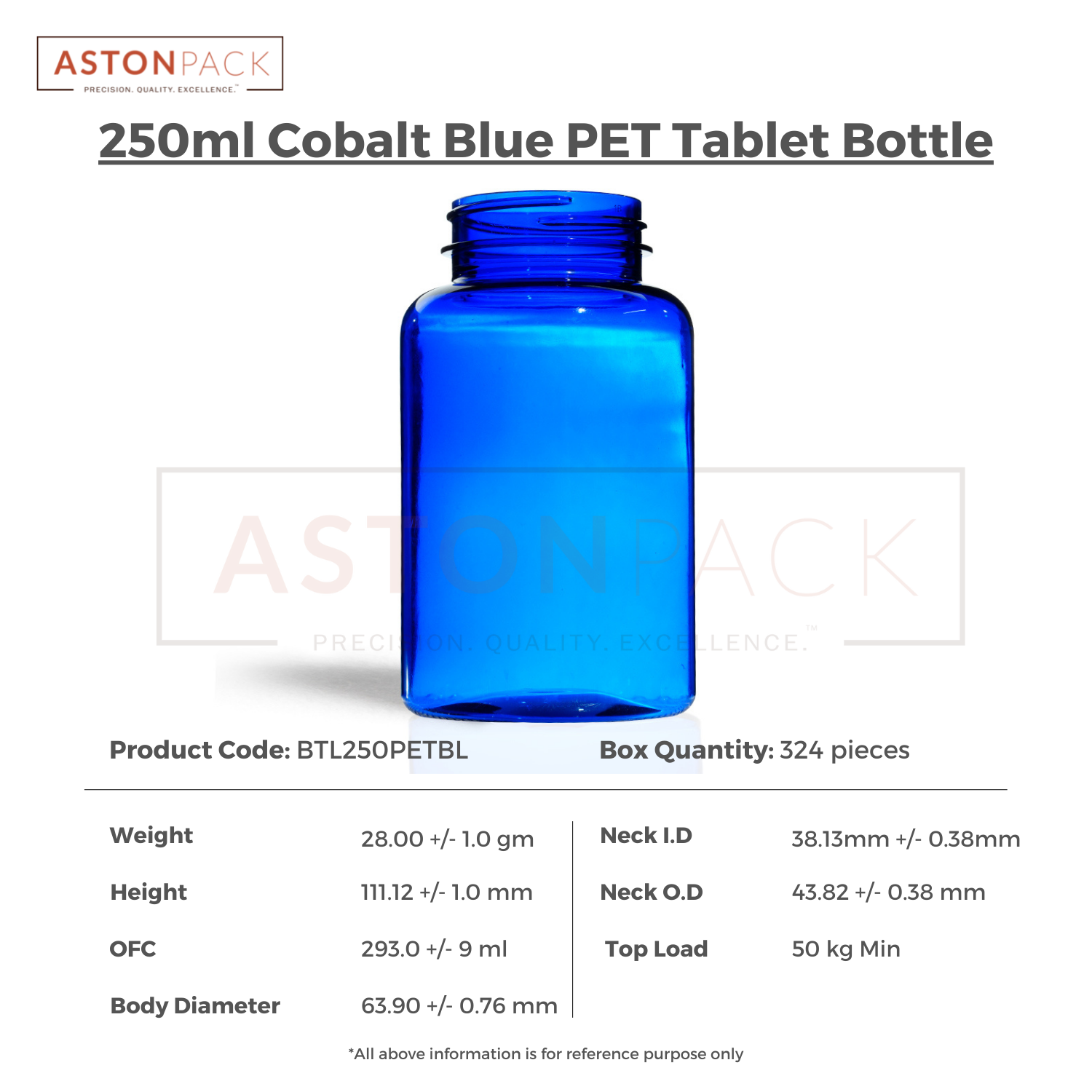 250 Ml Cobalt Blue Supplement Packaging Plastic Container - Diameter: 63.90 Millimeter (Mm)