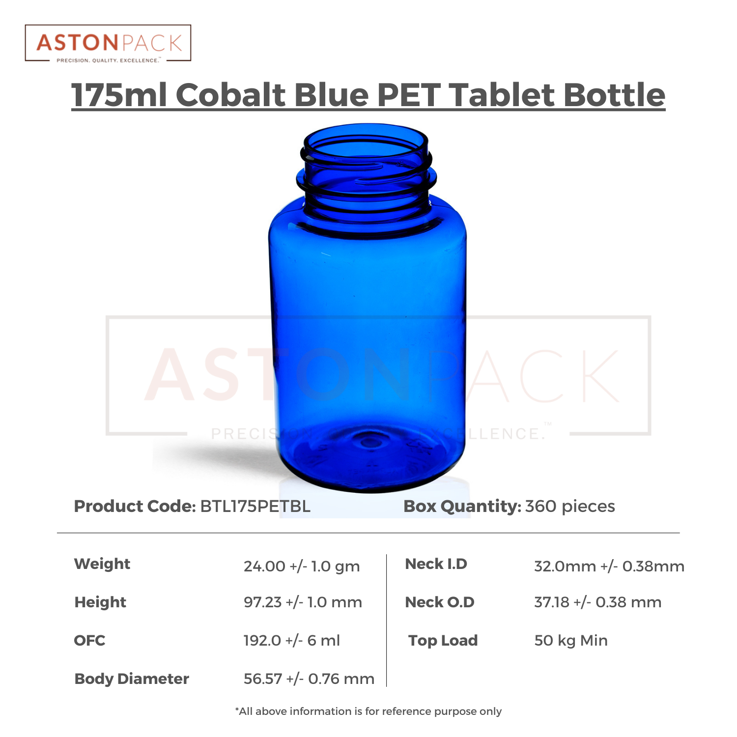 175 Ml Cobalt Blue Supplement Packaging Plastic Container Diameter: 56.57 Millimeter (Mm)
