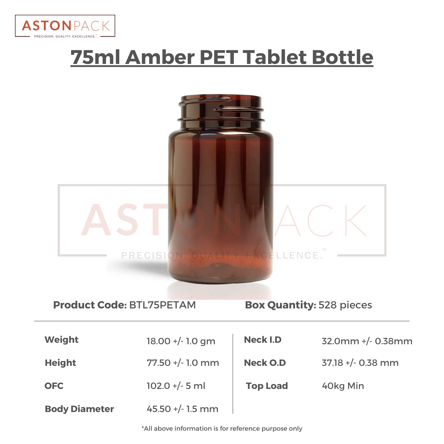 75 Ml Amber Supplement Packaging Plastic Container Diameter: 45.50 Millimeter (Mm)