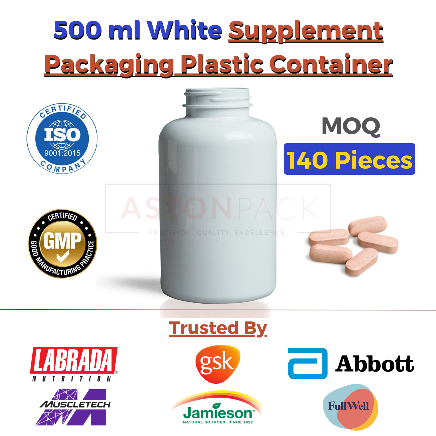 Supplement Packaging Plastic Container - 75cc To 500cc Sizes, Clear, Amber, Cobalt Blue, Opaque White, Wide Mouth For Automatic Filling Compatibility