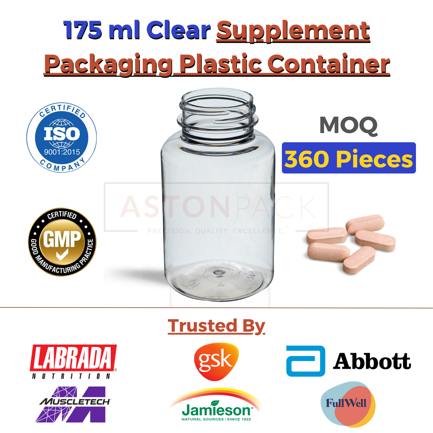 Supplement Packaging Plastic Container - 75cc To 500cc Sizes, Clear, Amber, Cobalt Blue, Opaque White, Wide Mouth For Automatic Filling Compatibility