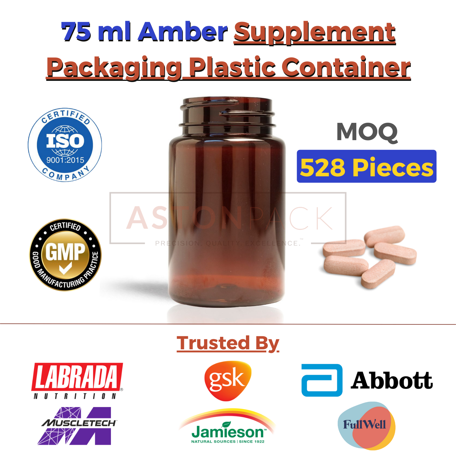 Supplement Packaging Plastic Container - 75cc To 500cc Sizes, Clear, Amber, Cobalt Blue, Opaque White, Wide Mouth For Automatic Filling Compatibility