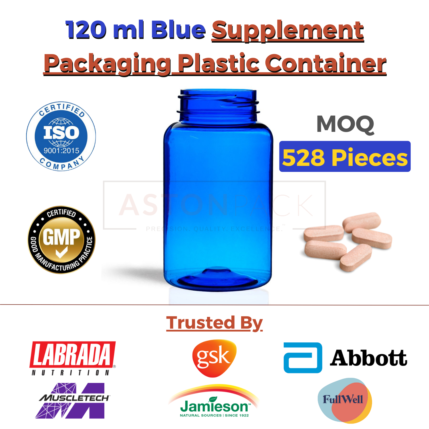 Supplement Packaging Plastic Container - 75cc To 500cc Sizes, Clear, Amber, Cobalt Blue, Opaque White, Wide Mouth For Automatic Filling Compatibility