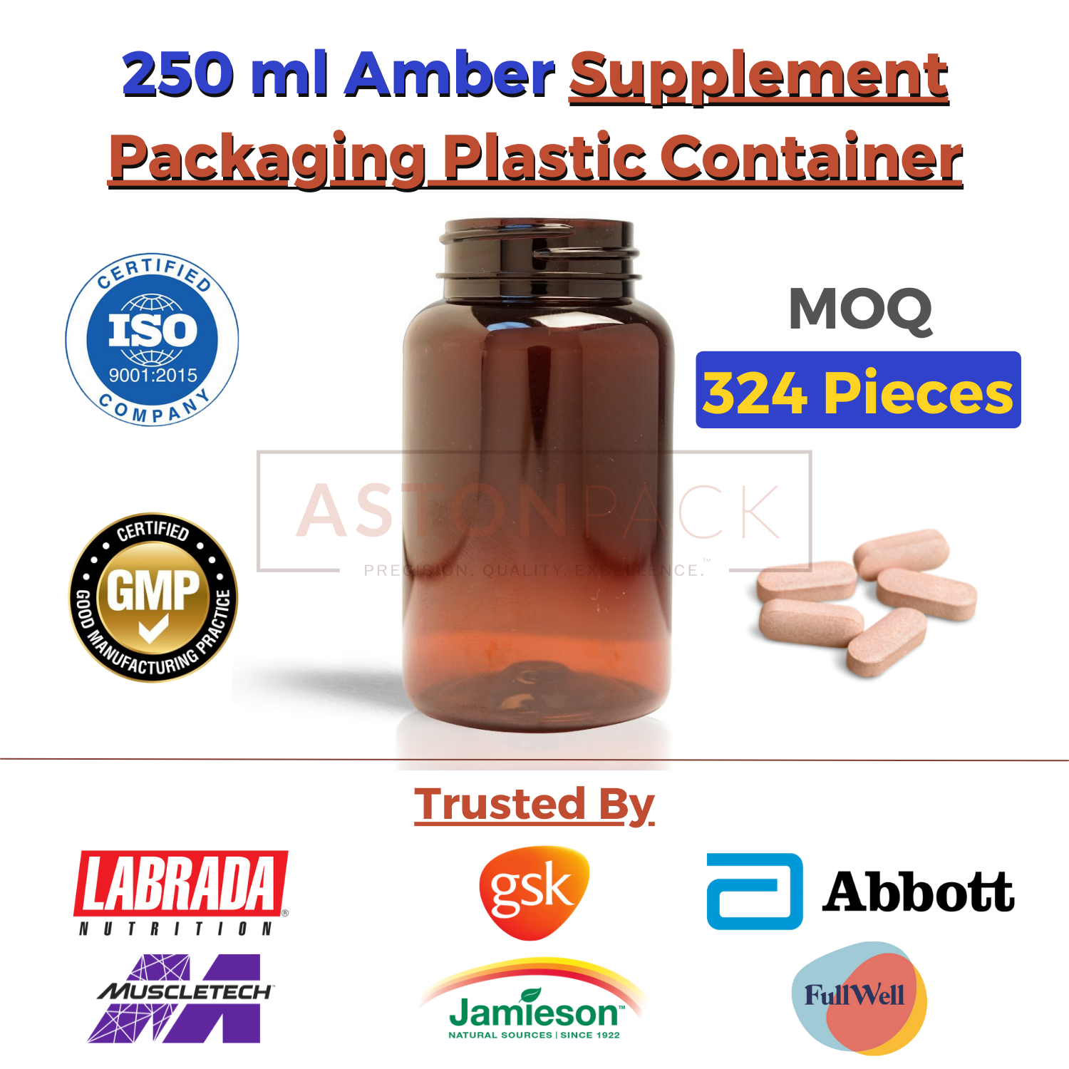 Supplement Packaging Plastic Container - 75cc To 500cc Sizes, Clear, Amber, Cobalt Blue, Opaque White, Wide Mouth For Automatic Filling Compatibility