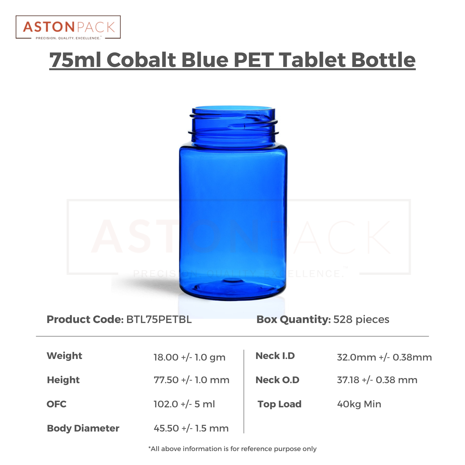 75 Ml Cobalt Blue Dietary Supplement Pet Packaging Bottles Diameter: 45.50 Millimeter (Mm)