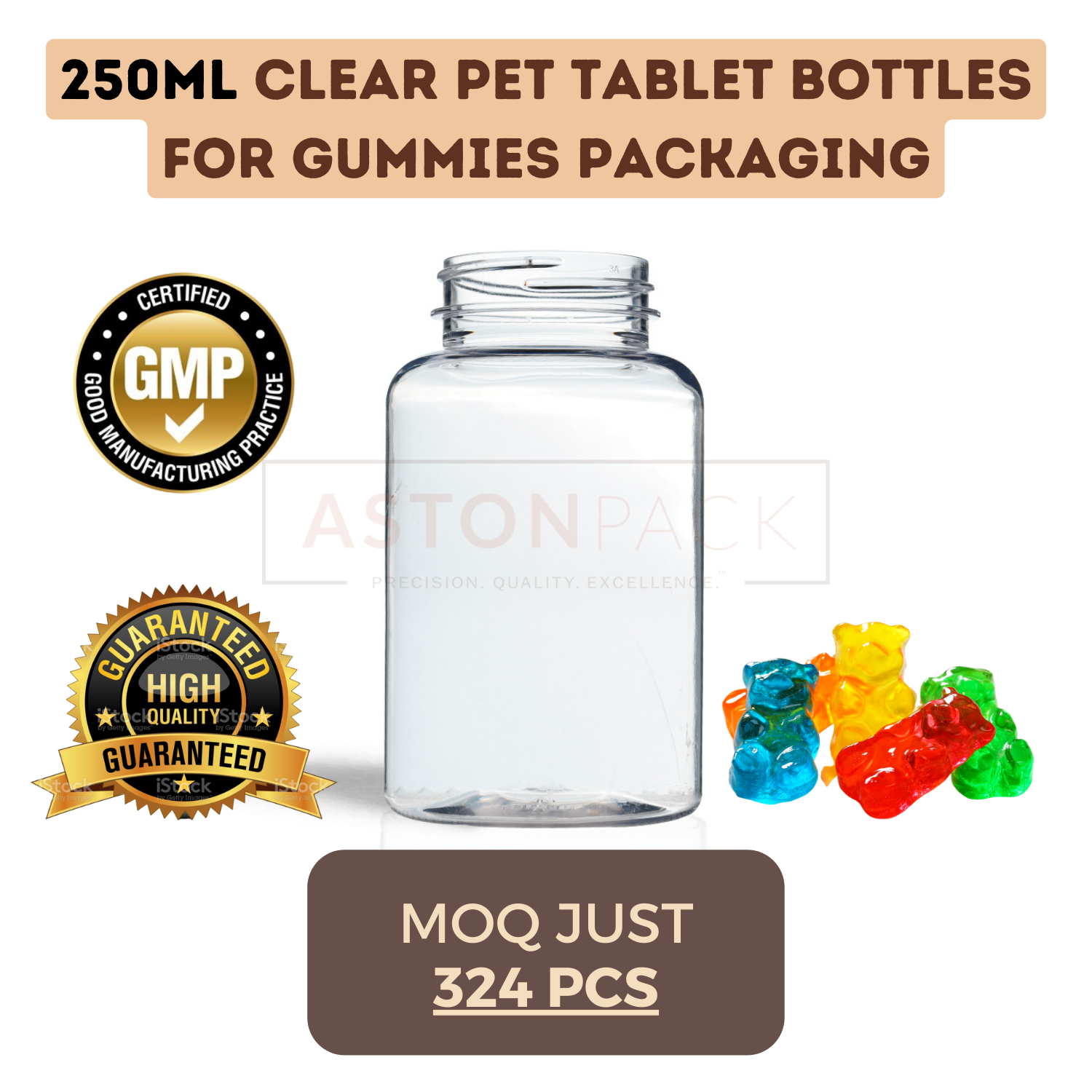 Pet Tablet Bottles For Gummies Packaging - Material: Plastic, Sizes: 75cc, 120cc, 175cc, 250cc, 300cc, 500cc, Color: Clear, Amber, Cobalt Blue, Opaque White, Screw Cap Sealing