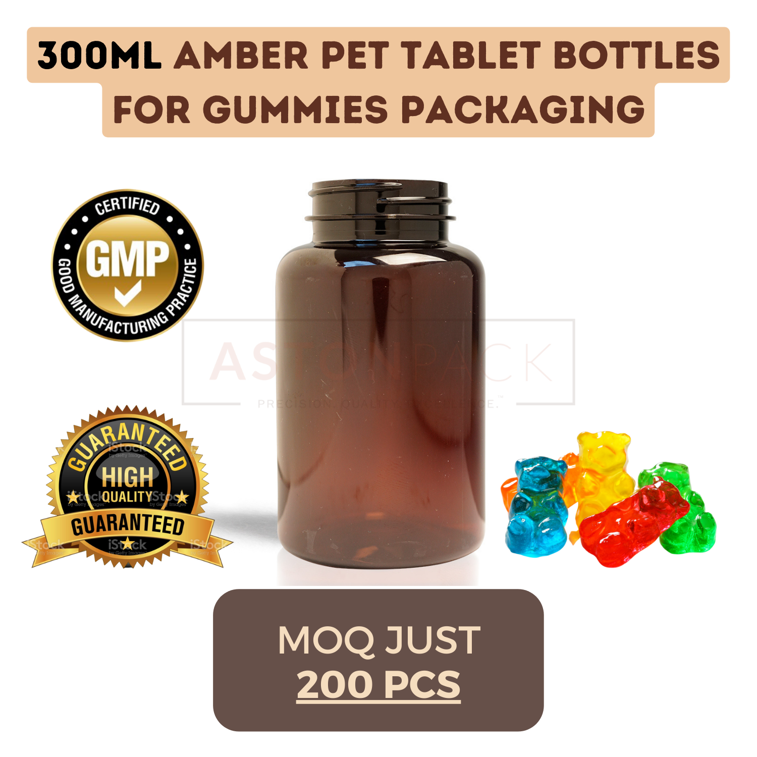 Pet Tablet Bottles For Gummies Packaging - Material: Plastic, Sizes: 75cc, 120cc, 175cc, 250cc, 300cc, 500cc, Color: Clear, Amber, Cobalt Blue, Opaque White, Screw Cap Sealing