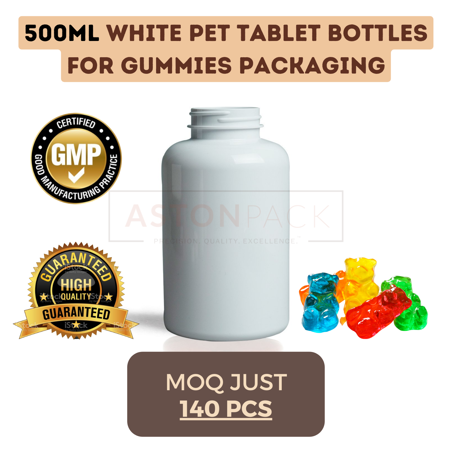 Pet Tablet Bottles For Gummies Packaging - Material: Plastic, Sizes: 75cc, 120cc, 175cc, 250cc, 300cc, 500cc, Color: Clear, Amber, Cobalt Blue, Opaque White, Screw Cap Sealing