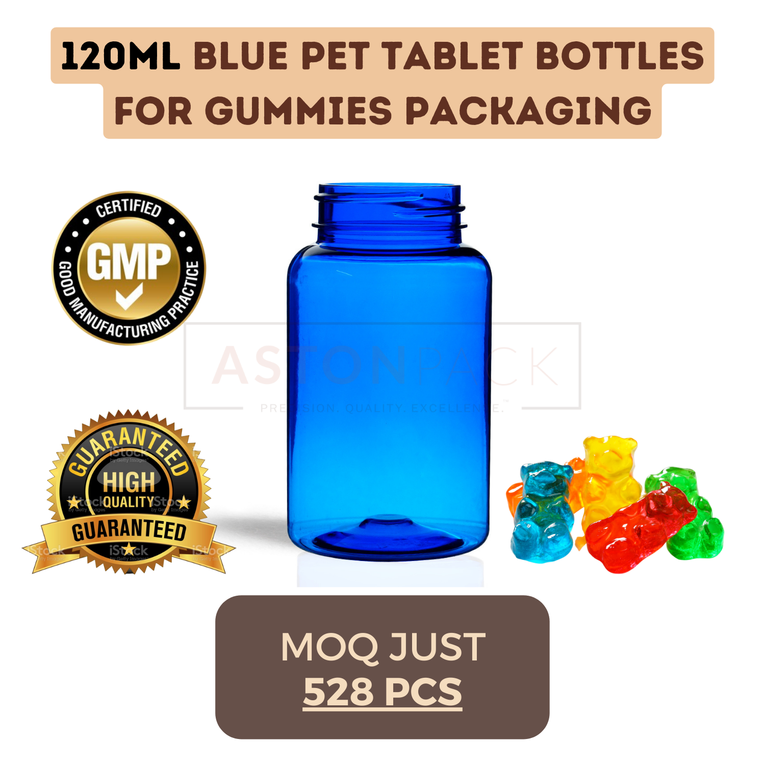 Pet Tablet Bottles For Gummies Packaging - Material: Plastic, Sizes: 75cc, 120cc, 175cc, 250cc, 300cc, 500cc, Color: Clear, Amber, Cobalt Blue, Opaque White, Screw Cap Sealing
