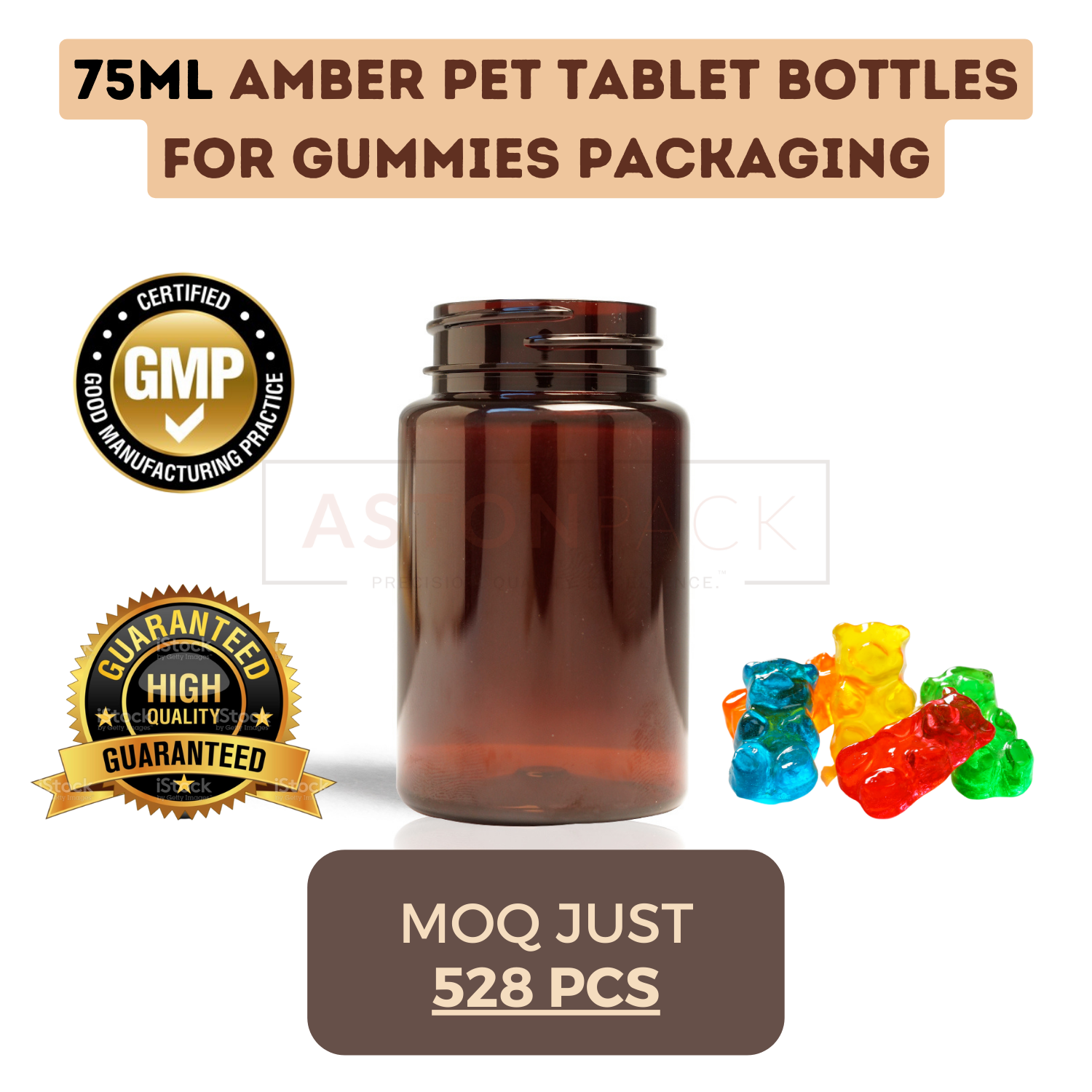 Pet Tablet Bottles For Gummies Packaging - Material: Plastic, Sizes: 75cc, 120cc, 175cc, 250cc, 300cc, 500cc, Color: Clear, Amber, Cobalt Blue, Opaque White, Screw Cap Sealing
