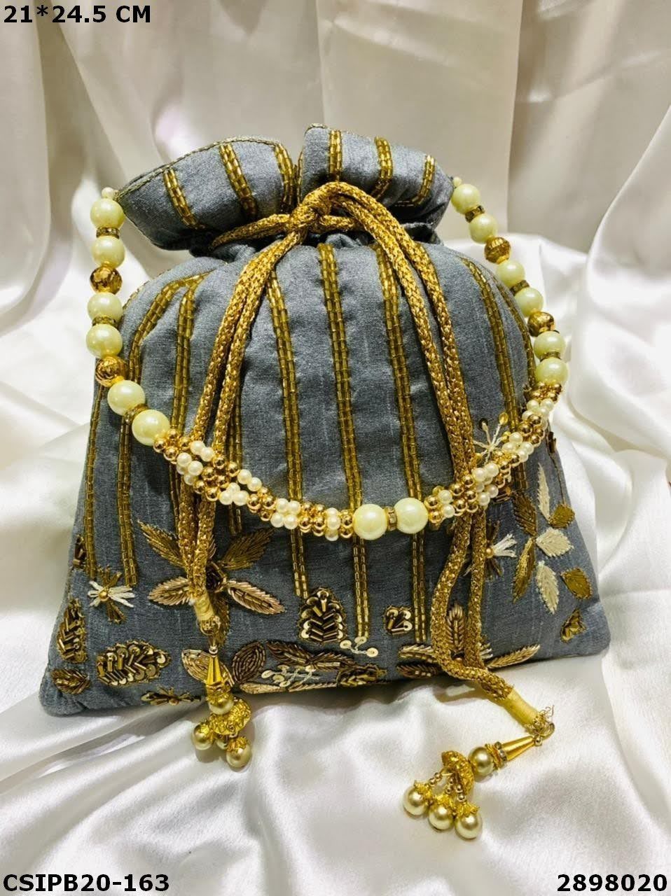 Handcrafted Designer Potli Batua Bag - Raw Silk, 21x24.5cm, Multi Color | Unique Hand Made Style For Weddings And Gift Giving