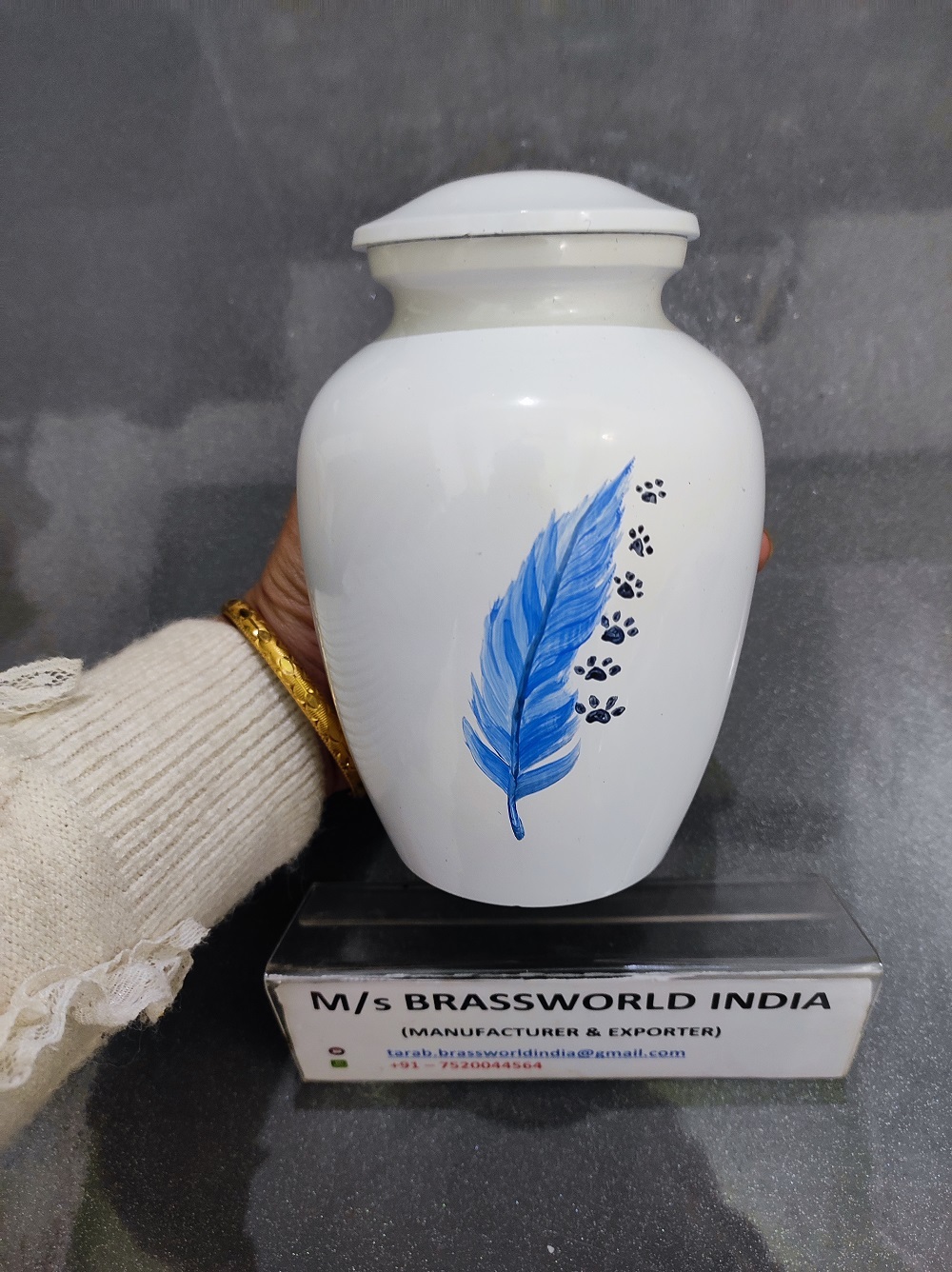 Blue Feather With Pet Paw Aluminium Urn