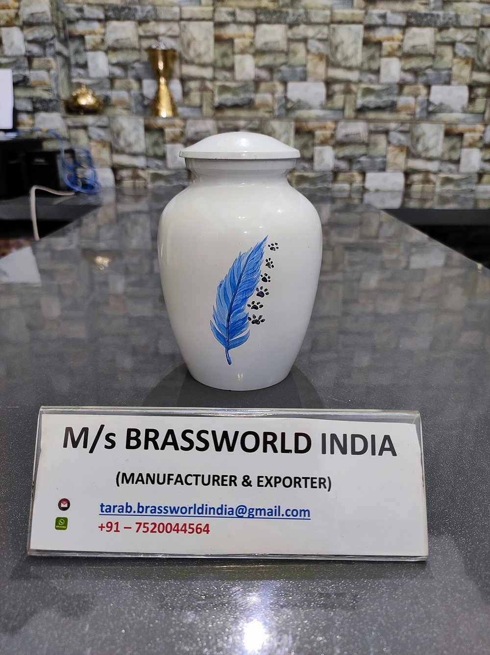 Blue Feather With Pet Paw Aluminium Urn