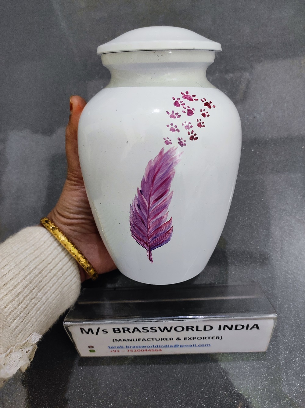 Purple Feather Painted Aluminium Urn