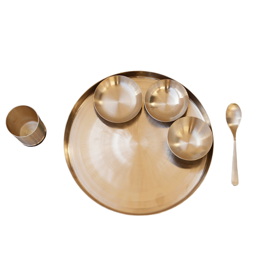 Golden Handmade Pure Bronze(Kansa) Dinnerware Thali Set (Gold), 6 Pieces