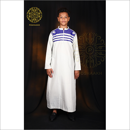 Pistachio Green Jubba Thobe - Cotton Blend, Long Sleeve, Washable | Stylish Blue And White Design For Boys