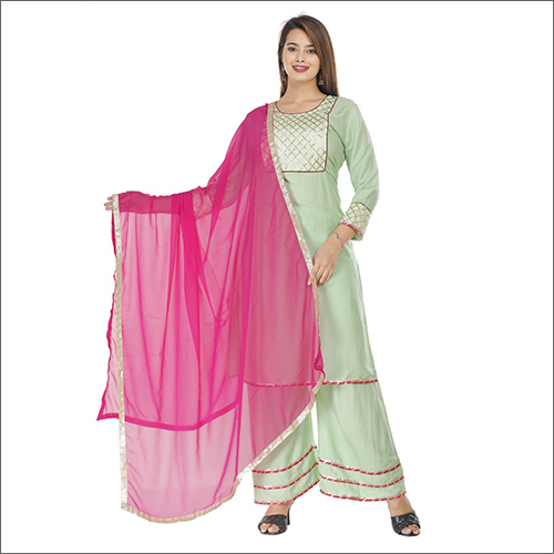 Washable Ladies Rayon Green Tyagi Kurti With Palazzo And Dupatta
