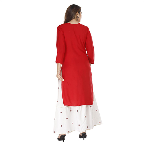 Washable Ladies Rayon Red Kurti With Skirt