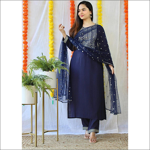 Washable Ladies Rayon Blue Kurti With Palazzo And Dupatta