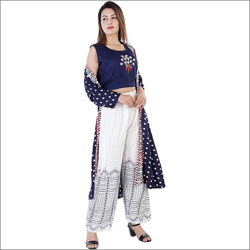 Indian Ladies Rayon Blue Crop Top Kurti With Shrug