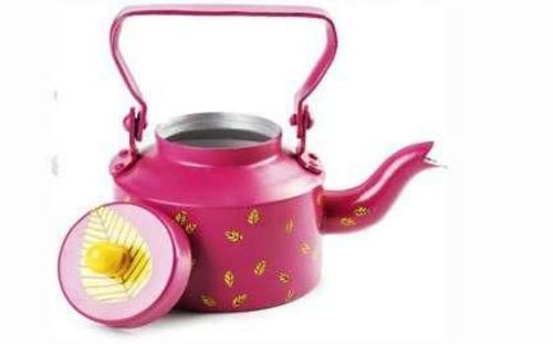 Designer Tea Kettle - Stainless Steel, 1 Liter, Pink with Yellow Patterns | Lightweight, Traditional Indian Decorative Design, Single Handle Grip